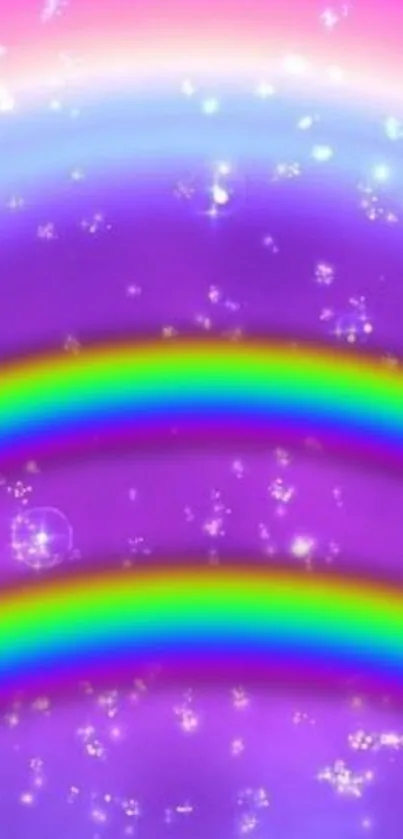 Vibrant rainbow on a purple starry background wallpaper.