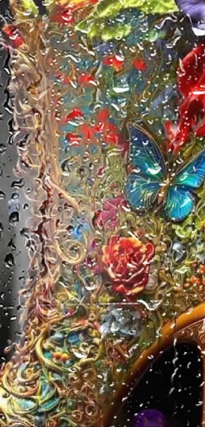 Vibrant artistic wallpaper with raindrops, flowers, and a butterfly.