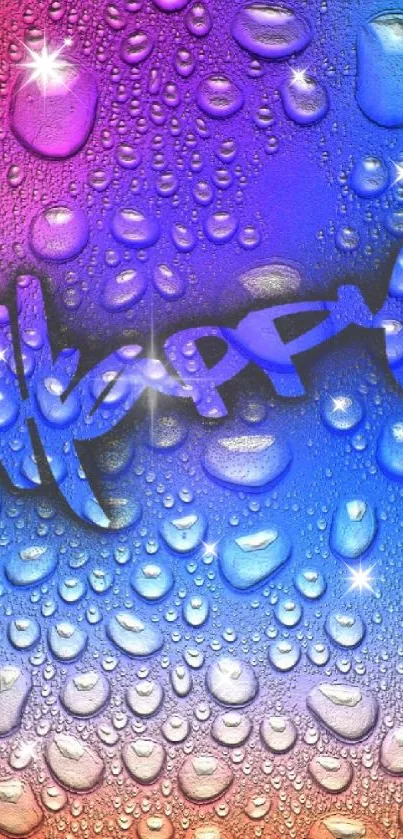 Colorful raindrop wallpaper with 'Happy' text.