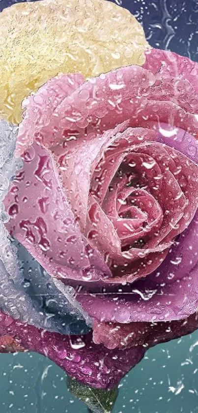 Colorful rose with raindrops, vibrant pink hues.