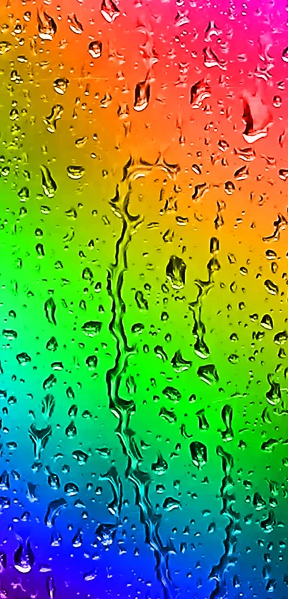 Rainbow-hued wallpaper with raindrops on glass surface.