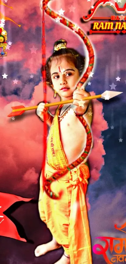 Vibrant Ram Navami wallpaper with pink-orange sky and Lord Ram figure.