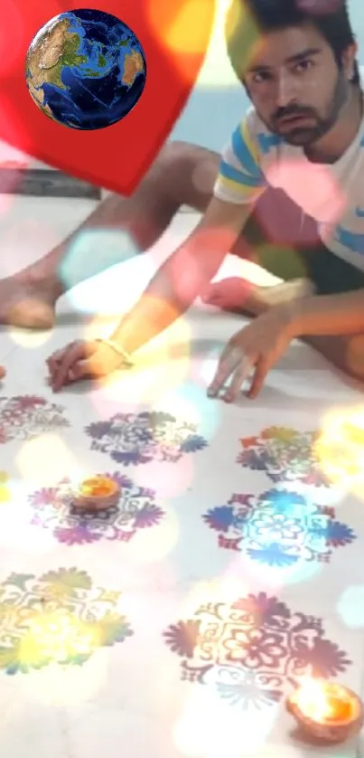 Colorful Rangoli design with diya lamps on a bright festive theme.