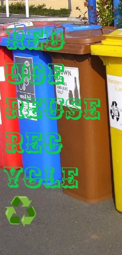 Colorful recycling bins with green text 'Reduce Reuse Recycle'. Eco-friendly wallpaper.