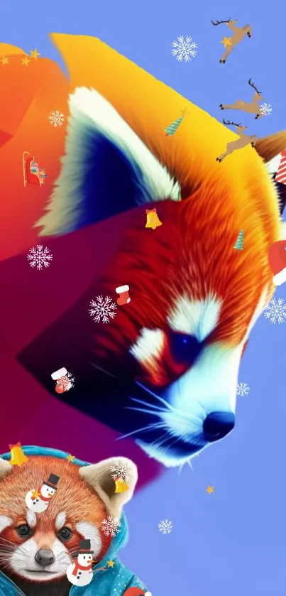 Vibrant red panda with festive decorations and a geometric background.