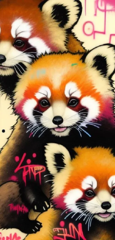 Vibrant graffiti art featuring red pandas on a mobile wallpaper.