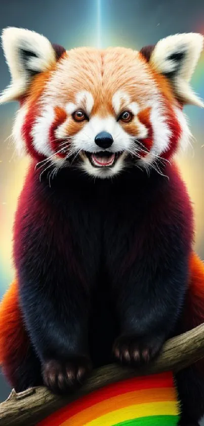 A vibrant red panda sits on a rainbow bridge against a colorful sky with rainbows.