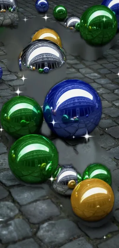Colorful spheres on cobblestones with reflective surfaces.