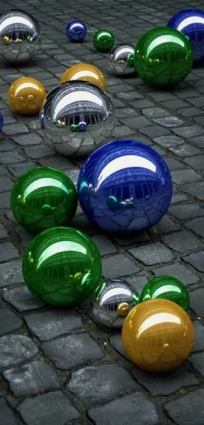 Colorful spheres reflect light on cobblestones.