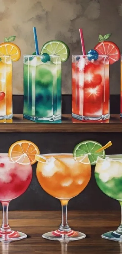 Vibrant cocktails with fruit slices on wooden surface.