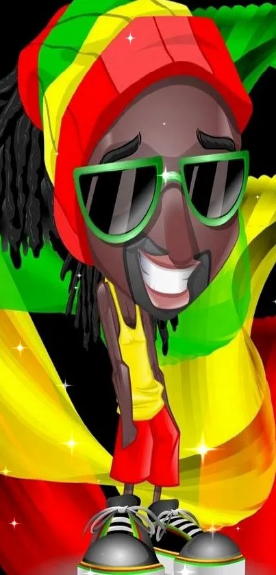 Vibrant cartoon reggae character in Rasta colors for mobile wallpaper.