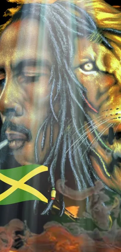 Colorful reggae lion art with Jamaican flag.