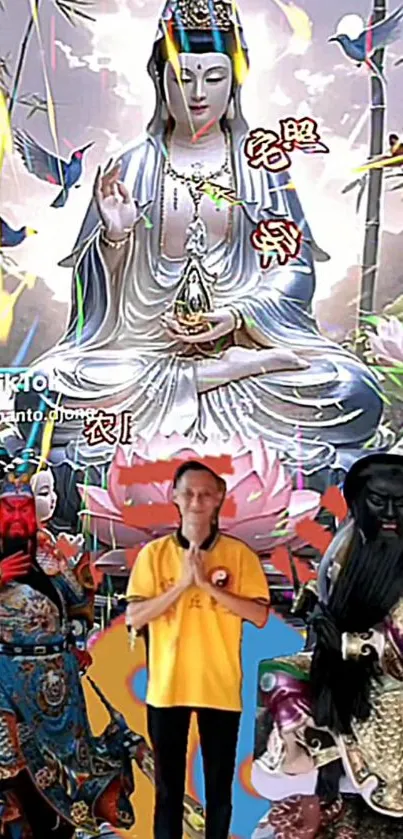 Vibrant religious artwork with statues and traditional figure.