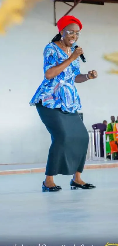 Joyful dance at a colorful religious convention gathering.