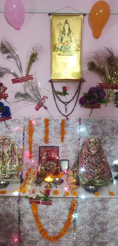 Vibrantly decorated religious altar with colorful cultural elements.