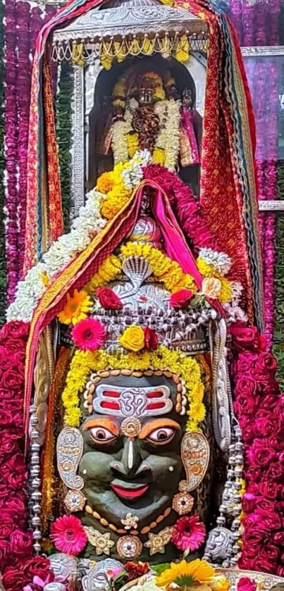 Vibrant Hindu deity adorned with flowers.