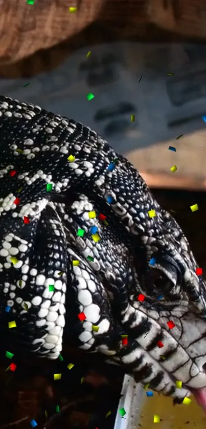 Reptile with colorful confetti background.