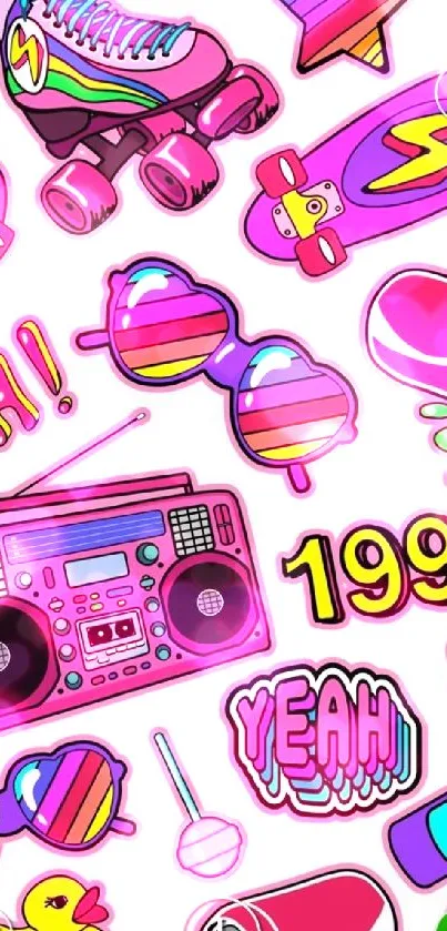 Vibrant 90s-themed wallpaper with retro graphics.