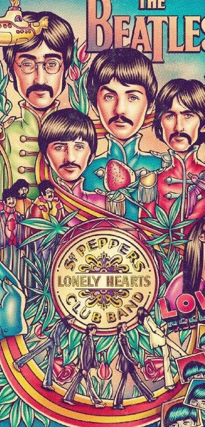 Colorful retro music collage featuring vibrant illustrations.