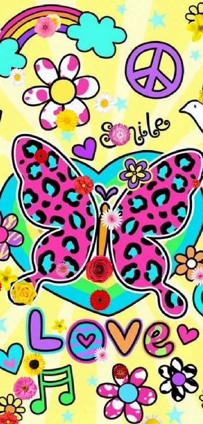 Bright retro wallpaper with butterfly, peace signs, and colorful flowers.