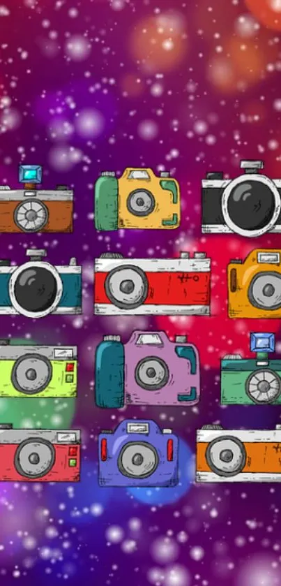 Colorful retro cameras on a purple backdrop.