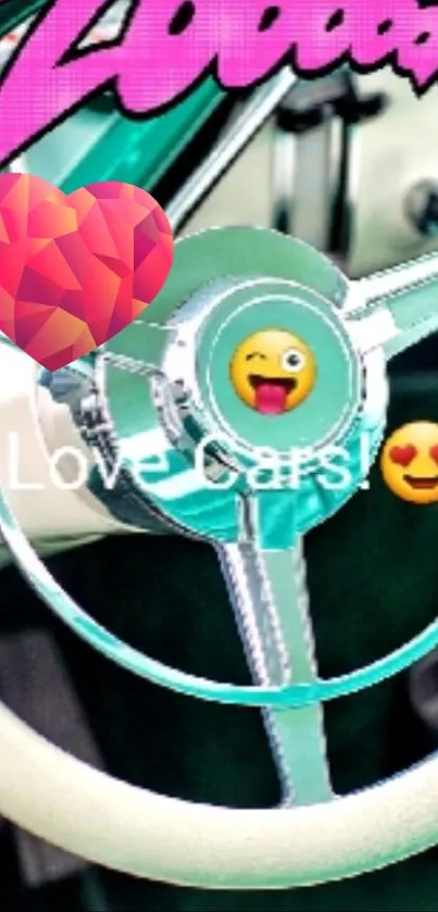 Colorful retro car wallpaper with playful emojis and pop art design.
