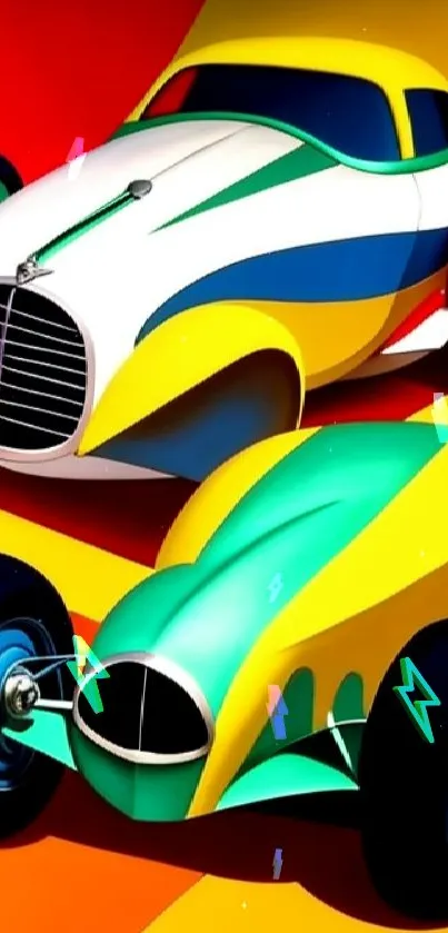 Vibrant retro cars in colorful abstract art style.