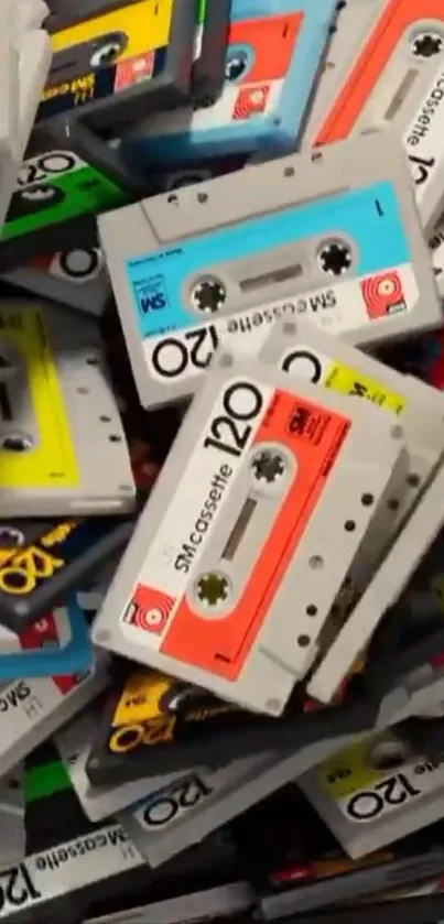 Mobile wallpaper with colorful retro cassette tapes.