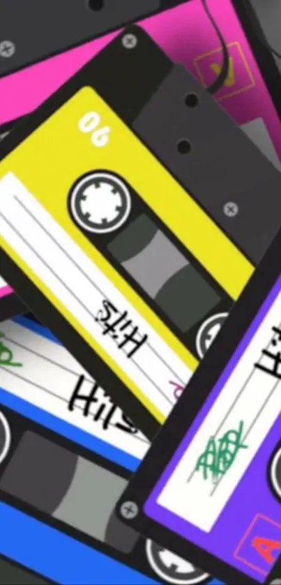 Colorful cassette tapes stacked in a retro design mobile wallpaper.