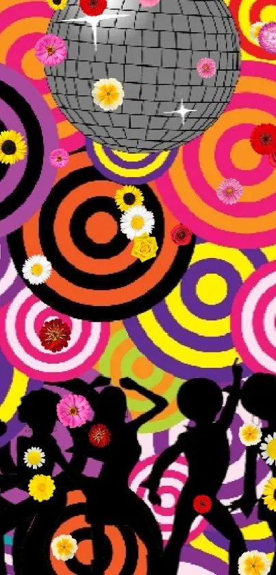 Colorful retro disco wallpaper with dancers and spiral patterns.