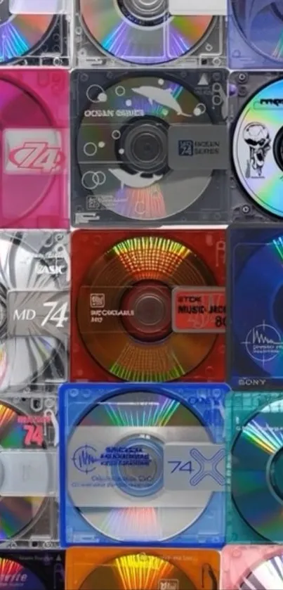 Colorful retro mini-disks arranged in a vibrant pattern.