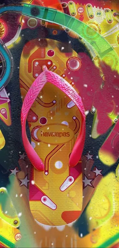 Vibrant retro flip-flop design with colorful pinball elements.