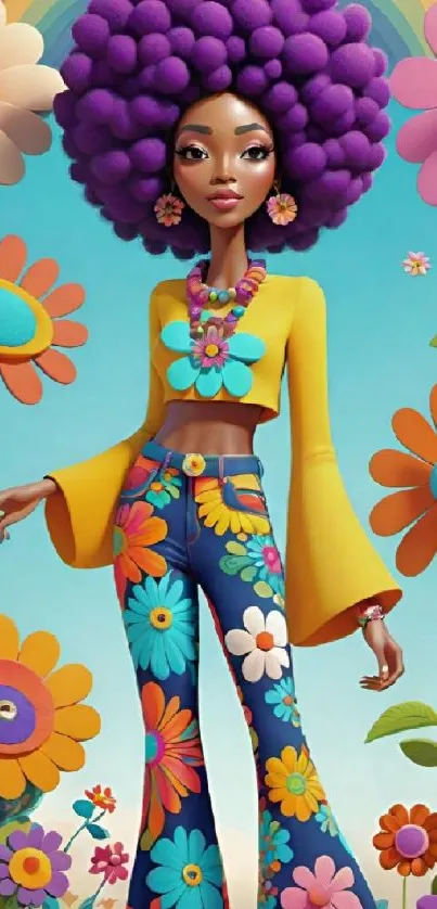 Colorful retro floral mobile wallpaper with cartoon character