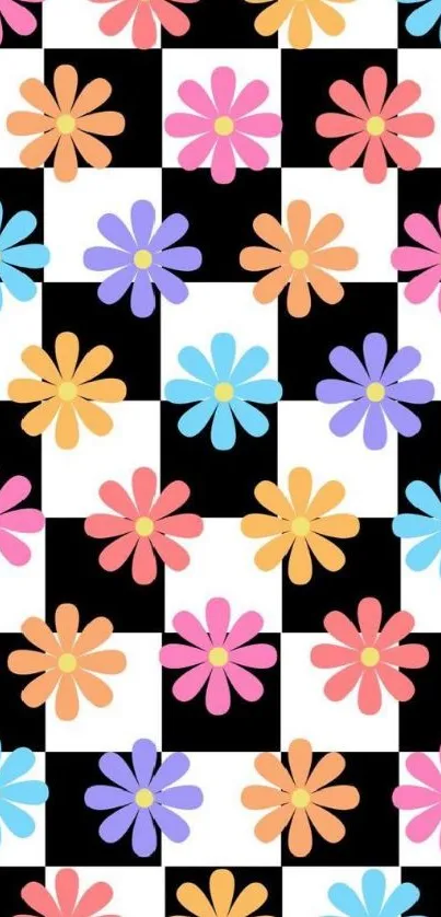 Colorful retro flower wallpaper with a checkerboard pattern.