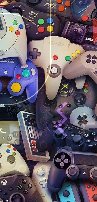 Collection of retro game controllers in vibrant colors for mobile wallpaper.