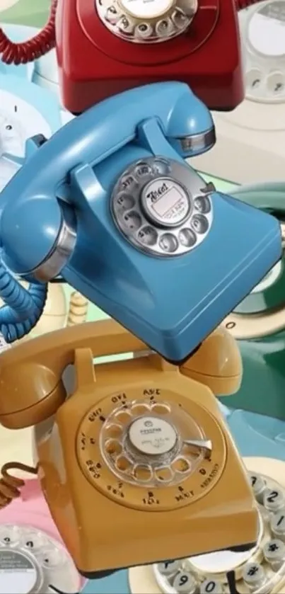 Colorful retro rotary phones stacked together.