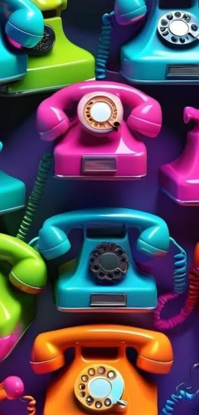 Colorful retro phones pattern wallpaper with neon hues.