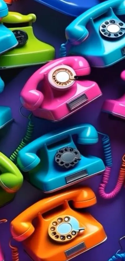 Colorful retro rotary phones on a vibrant wallpaper.