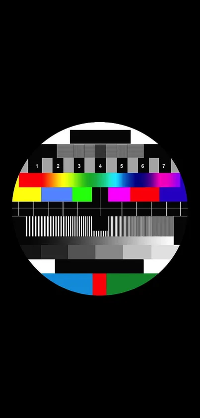 Colorful retro TV test pattern on black background.