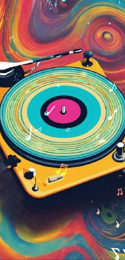 Colorful retro turntable with swirling music notes.