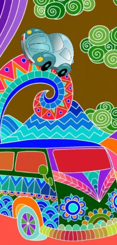 Psychedelic retro van with colorful patterns and vibrant design.