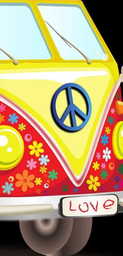 Colorful retro van with peace symbol and floral design on a mobile wallpaper.