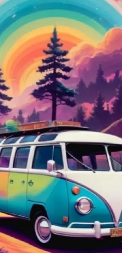 Vibrant retro van with psychedelic rainbow colors in scenic backdrop.