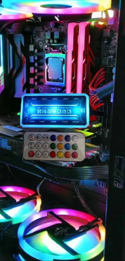 Vibrant RGB lit gaming PC with colorful LED fans.