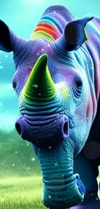 Vibrant mobile wallpaper featuring a colorful, rainbow-themed rhino in a field.