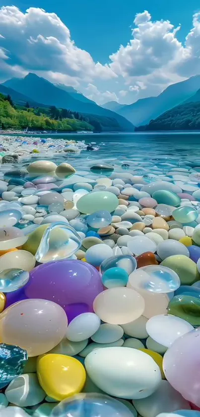 Colorful pebbles in a river with mountains and blue sky.