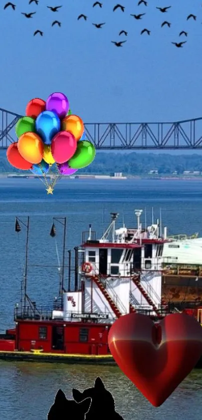 River scene with colorful balloons and a heart over a boat.