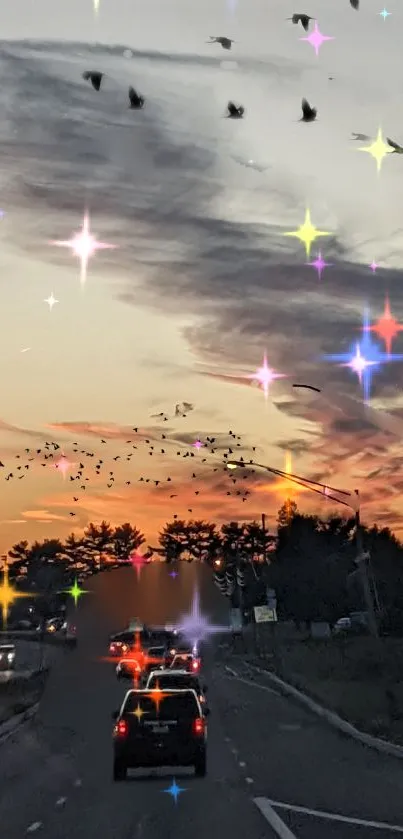 Vibrant sunset road scene with birds and colorful stars in the sky.