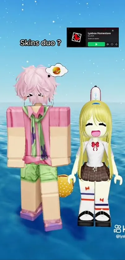 Two colorful Roblox characters on a beach with a bright ocean backdrop.