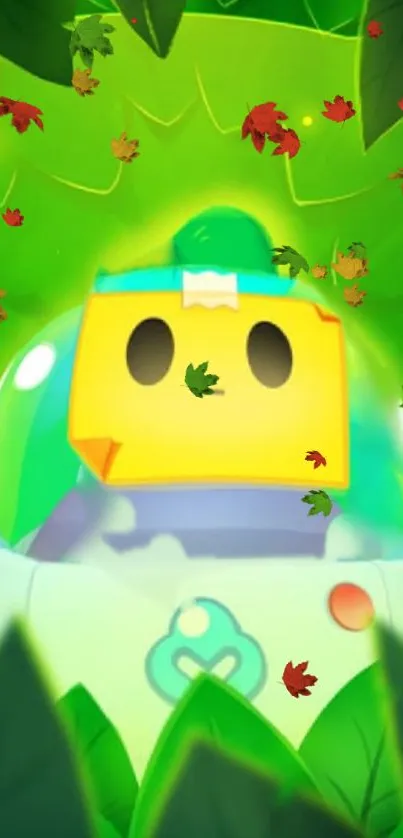 Vibrant animated robot with green leaves background.